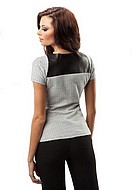 Patterned peplum top, short sleeves, leather inlay